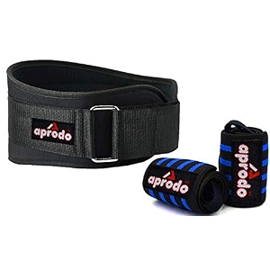 aprodo fitness combo weight lifting belt back support 45 inch wide with extra premium wrist support 1 pair for men and women black blue combo medium 323939 - 363939