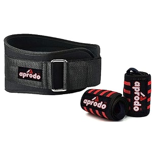 aprodo fitness combo weight lifting belt back support 45 inch wide with extra premium wrist support 1 pair for men and women black red combo small 283939 - 323939