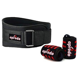 aprodo fitness combo weight lifting belt back support 45 inch wide with extra premium wrist support 1 pair for men and women black red combo medium 323939 - 363939