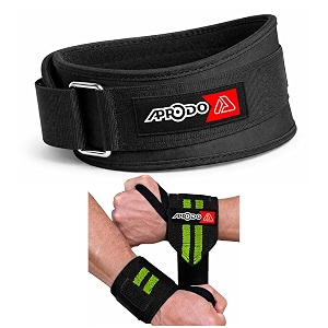 aprodo fitness combo weight lifting belt back support 45 inch wide with extra premium wrist support 1 pair for men and women black green combo small 283939 - 323939