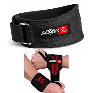 aprodo fitness combo weight lifting belt back support 45 inch wide with extra premium wrist support 1 pair for men and women black red combo large 363939 - 403939