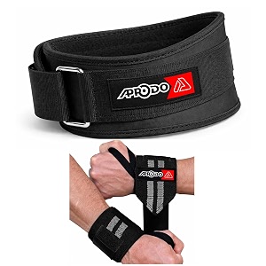 aprodo fitness combo weight lifting belt back support 45 inch wide with extra premium wrist support 1 pair for men and women black grey combo medium 323939 - 363939