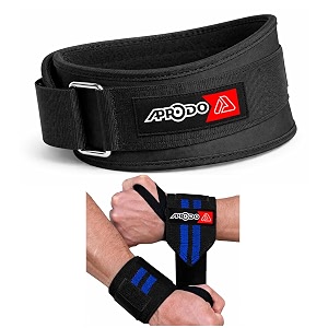 aprodo fitness combo weight lifting belt back support 45 inch wide with extra premium wrist support 1 pair for men and women black blue combo large 363939 - 403939
