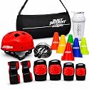 APRODO Red Kids Skating Safety Kit with Helmet, Knee Elbow & Wrist Guards, Skipping Rope, 6 Training Cones, Water Bottle & Carry Bag, Protective Gear Set for Skating, Cycling & Outdoor Sports