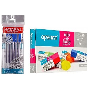 apsara r-a-l eraser big - pack of 20 amp nataraj gelix gel pens - pack of 5 blue