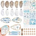 APUDWN 16 Set DIY Natural Oyster Shell Decoupage Crafts Kit, Ocean Themed Oyster Shells for Crafts 4-5" Large Drilled Shells with Napkins Paints Brushes for Wedding Art Hanging Ornament Making Gifts