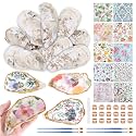 APUDWN 16 Set Oyster Shells for Crafts 4-5 Inch Natural Flat Oyster Shell Kits Drilled Includes Floral Decoupage Napkins Glue Paints Twine Brushs for DIY Arts Hanging Ornaments