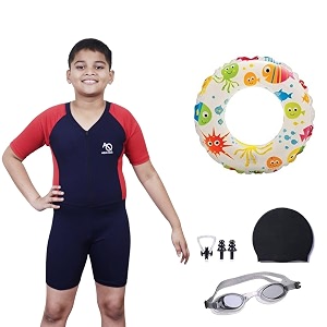 aqua holic swimming kit with 1 printed swimming half suit costume  with 1 anti fog swimming goggles swimming cap1 nose clip 2 ear plugs1 swimming ringtube for boys multicolour