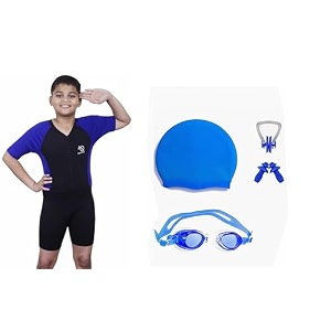 aqua holic swimming kit with 1 printed swimming half suit costume  with 1 anti fog swimming goggles swimming cap1 nose clip 2 ear plugs1 swimming ringtube for boys multicolour