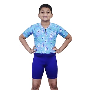 aqua holic swimming kit with 1 printed swimming half suit costume  with 1 anti fog swimming goggles swimming cap1 nose clip 2 ear plugs1 swimming ringtube for boys multicolour