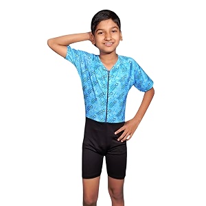 aqua holic swimming kit with 1 printed swimming half suit costume  with 1 anti fog swimming goggles swimming cap1 nose clip 2 ear plugs1 swimming ringtube for boys multicolour