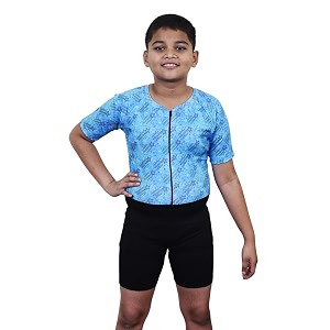 aqua holic swimming kit with 1 printed swimming half suit costume  with 1 anti fog swimming goggles swimming cap1 nose clip 2 ear plugs1 swimming ringtube for boys multicolour