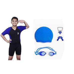 aqua holic swimming kit with 1 printed swimming half suit costume  with 1 anti fog swimming goggles swimming cap1 nose clip 2 ear plugs1 swimming ringtube for boys multicolour