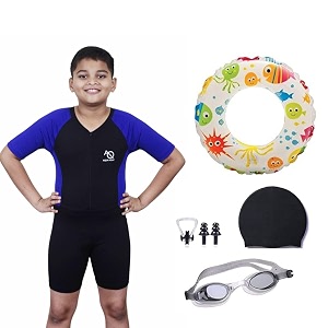 aqua holic swimming kit with 1 printed swimming half suit costume  with 1 anti fog swimming goggles swimming cap1 nose clip 2 ear plugs1 swimming ringtube for boys multicolour