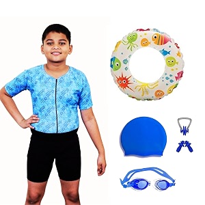 aqua holic swimming kit with 1 printed swimming half suit costume  with 1 anti fog swimming goggles swimming cap1 nose clip 2 ear plugs1 swimming ringtube for boys multicolour
