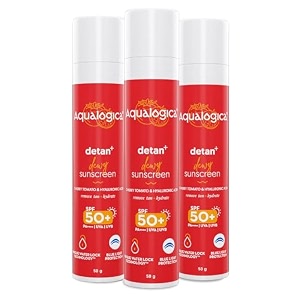 aqualogica detan dewy lightweight sunscreen with spf 50 amp pa for uvab amp blue light protection  normal sensitive amp dry skin  tan removal amp no white cast for men amp women - 50g pack of 3