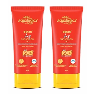 aqualogica detan dewy sunscreen with cherry tomato amp hyaluronic acid with spf 50 amp pa for men amp women - for normal dry amp combination skin - 80g  pack of 2