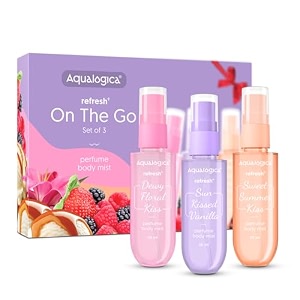 aqualogica refreshon the go set of 3 perfume body misttravel friendlylong lastingwarmsweet amp floral fragrancedouble duty mist for hair amp bodypremium gift packfor unisex-adult20 ml x 3