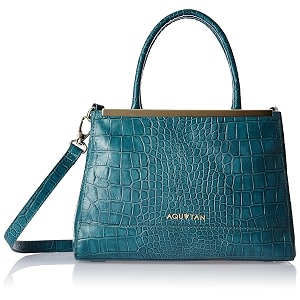 aquatan metallic edge medium leather tote bag  teal womens handbag with modern detailing