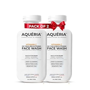 aqueria pack of 2 face wash for de-tan amp brightening vitamin c  with lactic acid amp niacinamide  deep cleansing face cleanser for tan removal pigmentation dark spots dull amp uneven skin tone  brightens skin amp gently exfoliates  non-drying formula for all skin types  men amp women gentle cleanser 200ml x 2