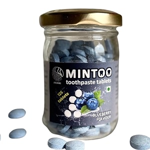 arani eco mintoo toothpaste tablets  blueberry  sls free  anti-cavity anti-plaque  fresh breath  peg-free plastic-free for sensitive teeth  enamel protecting  natural whitening  travel friendly