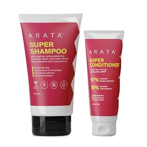 arata essential care super duo travel pack  unisex hair care gift set  super shampoo amp conditioner  reduces hair fall adds shine amp volume  200 ml
