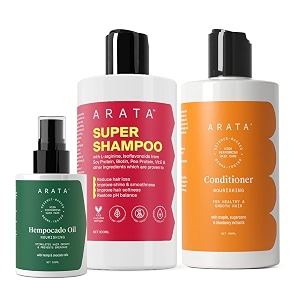 arata intensive hair fall control kit with 5 in 1 anti-hairfall super shampoo conditioner amp hempocado hair oil no parabens amp sls for men amp women transparent apple 300  300  100 ml 3 count