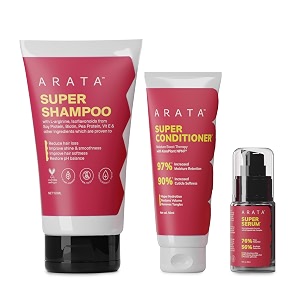 arata super anti-frizz trio travel pack  super shampoo conditioner amp serum  reduces frizz adds shine amp smoothens hair  with keratin argan oil jojoba complex  230ml