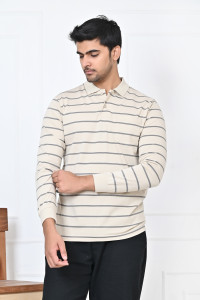 Arbour Striped Men Polo Neck Beige T-Shirt