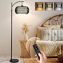 ZECOXOL Arc Floor Lamp with 3 Color Temperatures,Black Floor Lamp with Remote Control, Boho Standing Lamp with Rattan Wicker Shades, Farmhouse Tall Pole Lamp for Living Room Bedroom