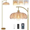 Arc Floor Lamp with 3 Color Temperatures,Gold Floor Lamp with Remote &amp; 3 Color Temperature,Mid Century Modern Standing Lamp with Glass Lampshades,Vintage Tall Floor Lamps for Living Room Bedroom