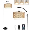 ZECOXOL Arc Floor Lamp for Living Room Boho Floor Lamps with Remote Control &amp; with 3 Color Temperatures,Rattan Wicker Standing Lamp Dimmable Tall Floor Lamp for Bedroom Living Room Corner
