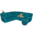 Arfntevss Sectional Recliner Couch Covers Velvet Corner Sectional Sofa Cover for Reclining Couch Stretch Soft L Shape Recliner Slipcover Thick U Shaped Washable Protector (5 Seat Cover, Teal Blue)