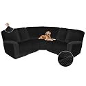 Arfntevss Sectional Recliner Couch Covers Velvet Corner Sectional Sofa Cover for Reclining Couch Stretch Soft L Shape Recliner Slipcover U Shaped Washable Protector (SM 5 Seat Cover, Black)