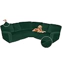 Arfntevss Sectional Recliner Couch Covers Velvet Corner Sectional Sofa Cover for Reclining Couch Stretch Soft L Shape Recliner Slipcover Thick U Shaped Washable Protector (5 Seat Cover, Dark Green)