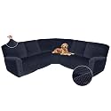 Arfntevss Sectional Recliner Couch Covers Velvet Corner Sectional Sofa Cover for Reclining Stretch Soft L Shape Recliner Slipcover Thick U Shaped Washable Protector (5 Seat Cover, Deep Blue)