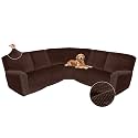 Arfntevss Sectional Recliner Couch Covers Velvet Corner Sectional Sofa Cover for Reclining Couch Stretch Soft L Shape Recliner Slipcover U Shaped Washable Protector (XL 5 Seat Cover, Dark Brown)
