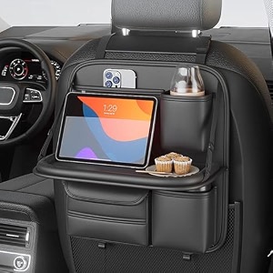 arhat organizers car back seat organizer with foldable tray  multipurpose dining amp storage solution  pu leather waterproof car seat organizer for mobile tablet bottle tissue black with tray