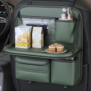 arhat organizers car back seat organizer with foldable tray  multipurpose dining amp storage solution  pu leather waterproof car seat organizer for mobile tablet bottle tissue green with tray