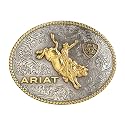 ARIAT Oval Buckle, Bull Rider Motif, Rope Edge, Silver and Gold, 4 x 3