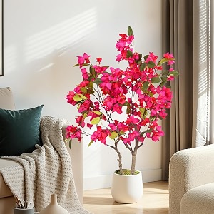 arick decor 3ft artificial bougainvillea flower tree in pot realistic faux pink silk flower plant peacock shaped extra large floor decor 3ft-dk pink