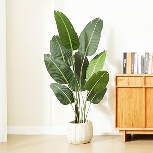 arick decor artificial bird of paradise plant 5ft tall - fake tropical palm tree with lush silk banana leaves large indoor faux plant decorative real touch green tree in black pot for home