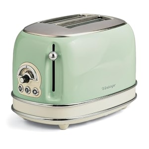 ariete 155 vintage 2 slice toaster 810 watt 6 toasting levels in stainless steel painted in pastel green colour without pliers