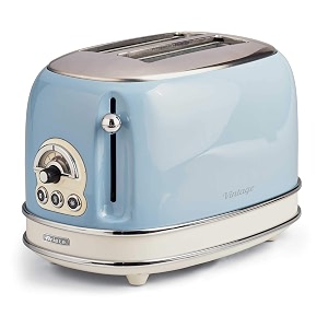 ariete 155 vintage 2 slice toaster 810 watts 6 toasting levels in pastel light blue painted stainless steel without pliers