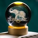 Arikyrist 3D 80mm Elephant Figurine Crystal Ball with Wooden LED Base, Elephant Gifts for Women Men on Christmas Birthday, Laser Engraved Elephant Full Sphere Glass Decorative Ball for Home Office