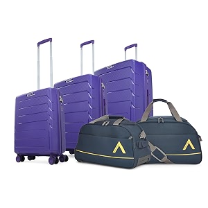 aristocrat chroma active - s03 set of 3 cabinmediumlarge trolley bag cm  combination lock  8 wheels  7 year international warranty  purple amp two blue aristocrat cadet dufflesdf amp dft