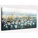 Arjun Flower Wall Art for Living Room, Teal Bedroom Canvas Daisy Floral Painting Landscape Picture Artwork Large Textured Office Home Dining Room Kitchen Wall Decor Large 48"x24"