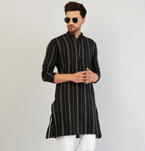 armaan ethnic self design cotton blend straight kurta for men black
