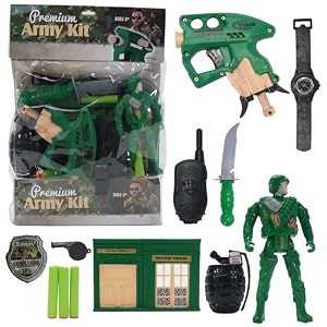 army kit for kids - 11 piece military soldier pretend play set with soft bullet gun 3 darts toy knife grenade walkie talkie badge amp accessories - tactical gear gift for boys age 3