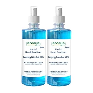 arogya herbal alcohol based hand sanitizer spray aloe vera tulsi and neem leaf extract amp 70 alcohol 1 litre  2 x 500ml